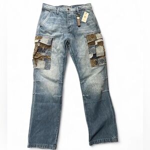 PRPS Blue and Brown Patchwork Relaxed Jeans